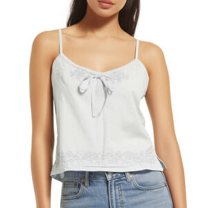 Vintage Bohemian Large Tank Womens Adjustable Light Blue Top Tie Front Embroider